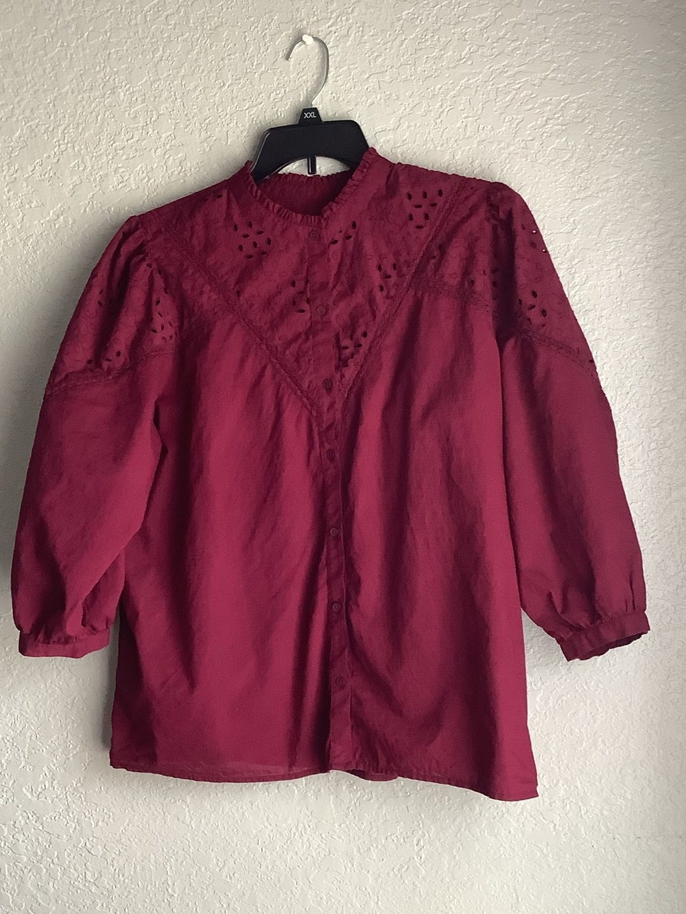 LOFT Eyelet Yoke Button-Front Blouse in Berry